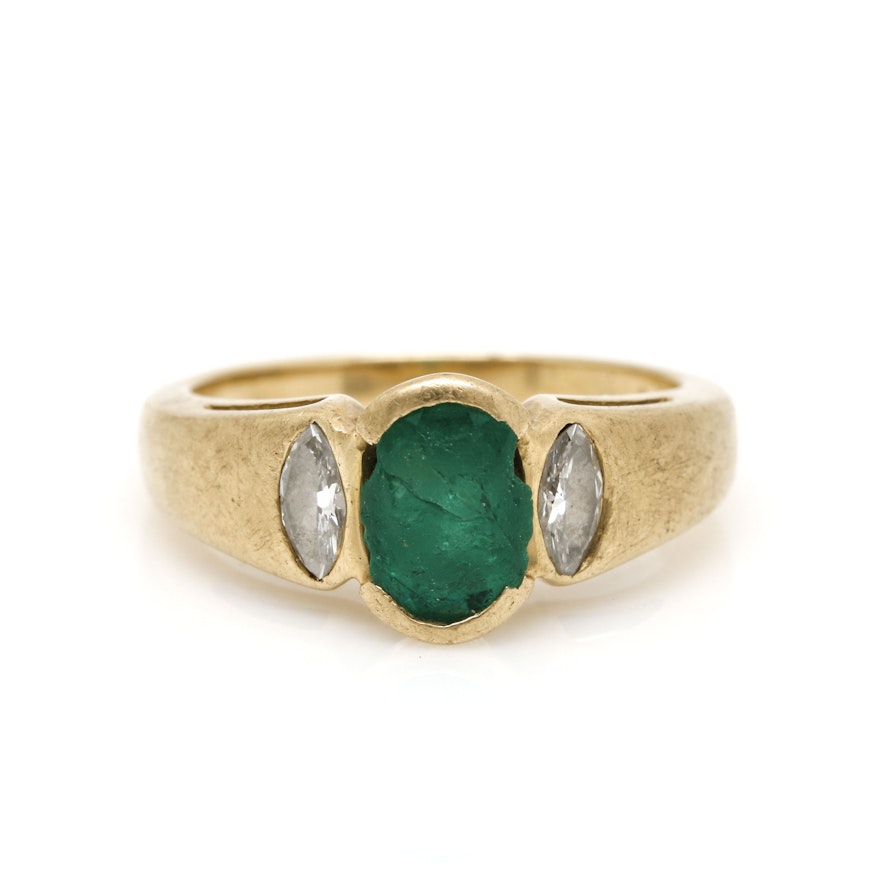 14K Yellow Gold Emerald and Diamond Ring