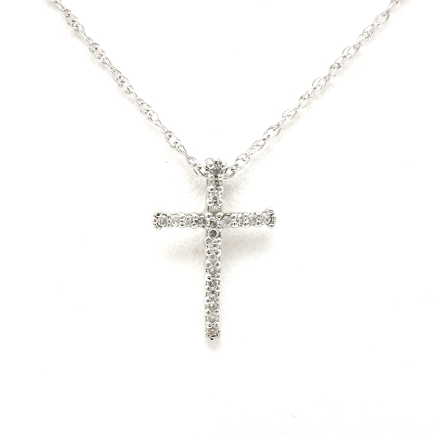 14K White Gold Diamond Cross Necklace