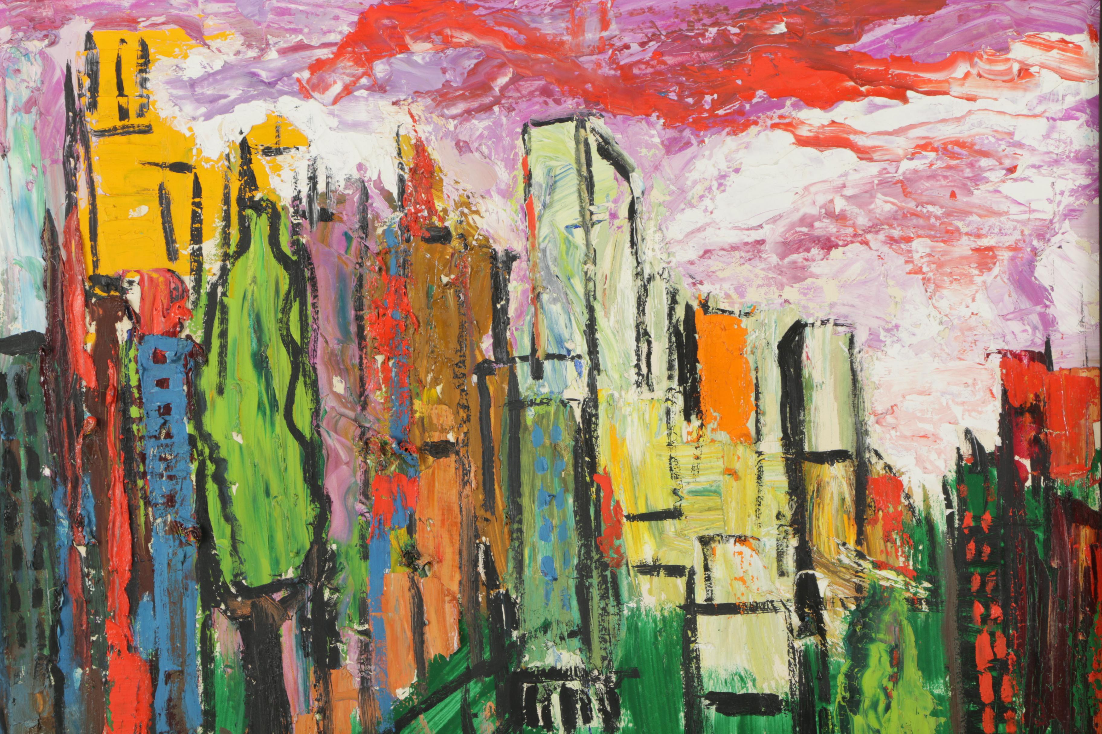 Willie Cohen 1961 Oil Painting Abstract Cityscape