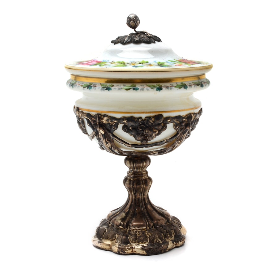 Painted Glass Compote on Footed 800 Silver Base