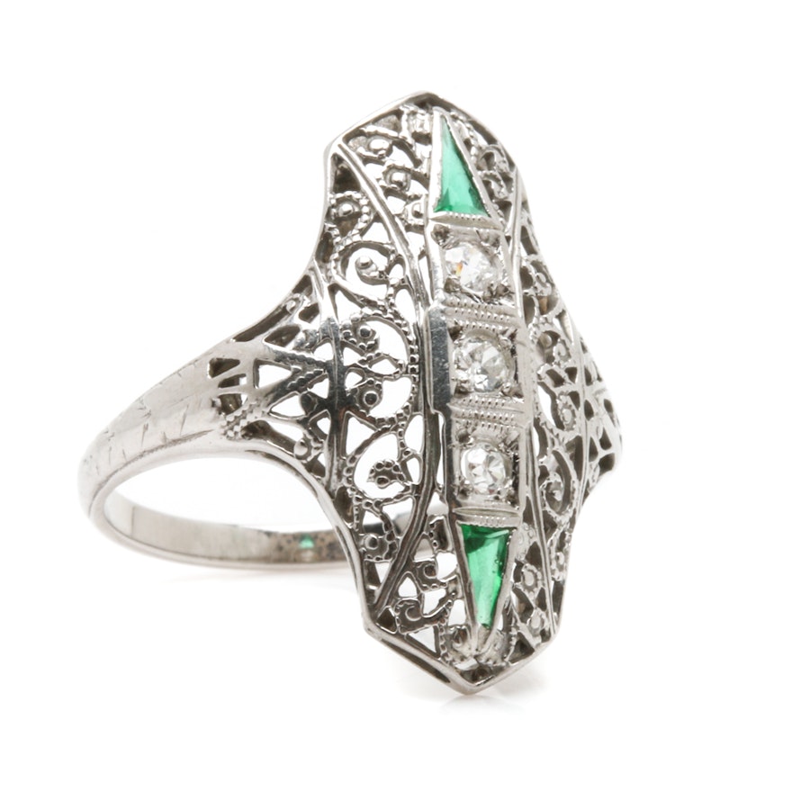 Art Deco 18K White Gold Diamond and Green Glass Ring