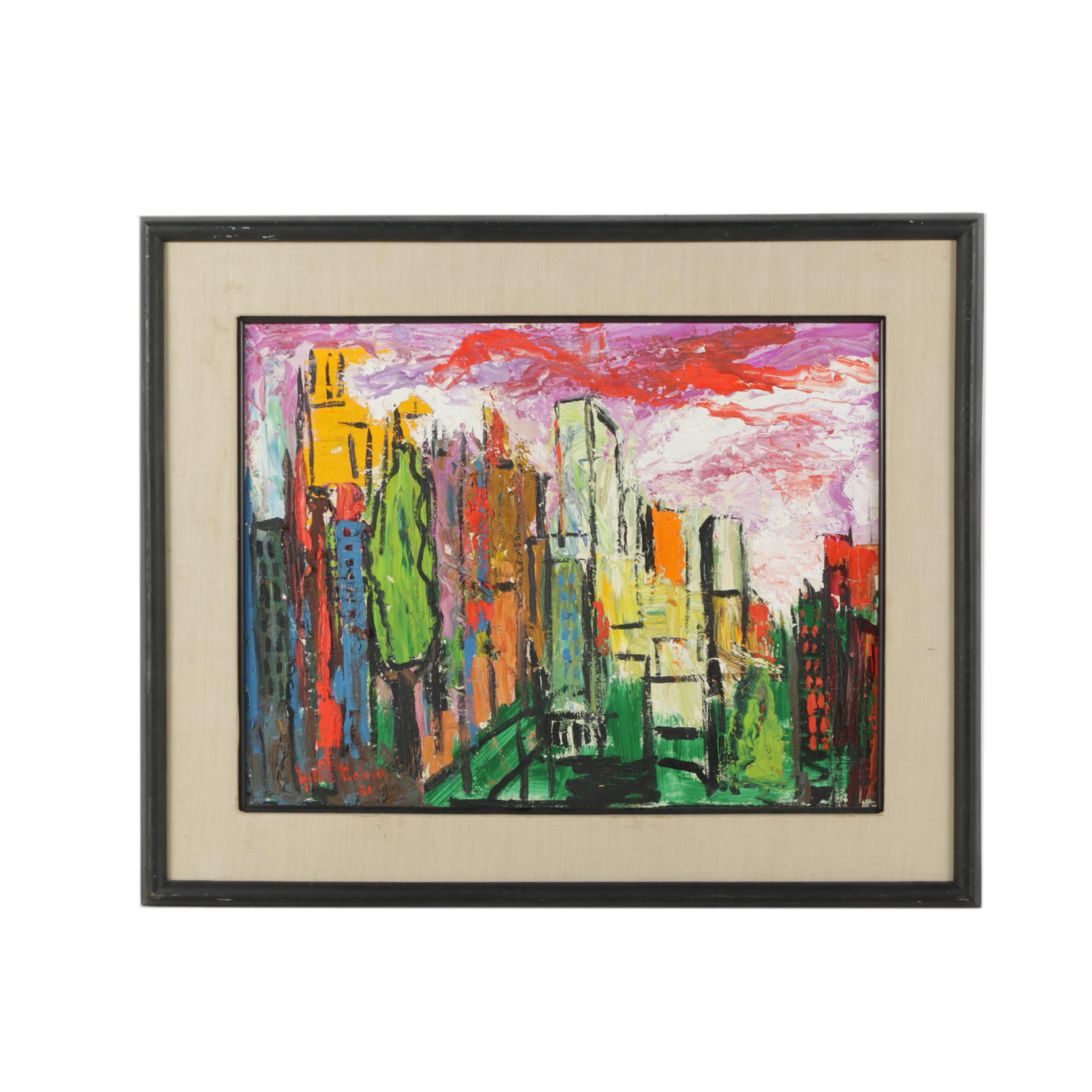 Willie Cohen 1961 Oil Painting Abstract Cityscape