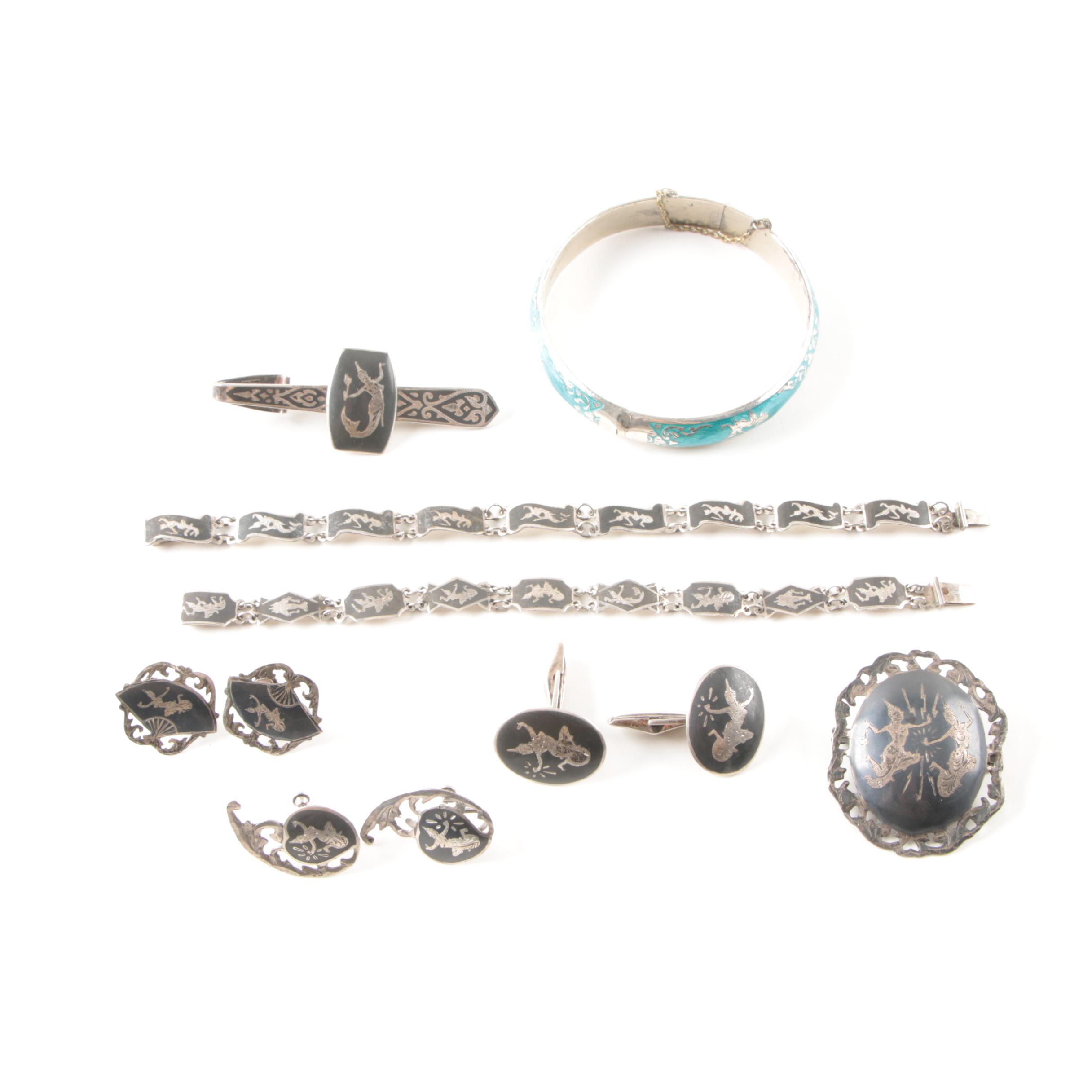 Vintage Thai Nielloware Sterling Silver Jewelry Selection