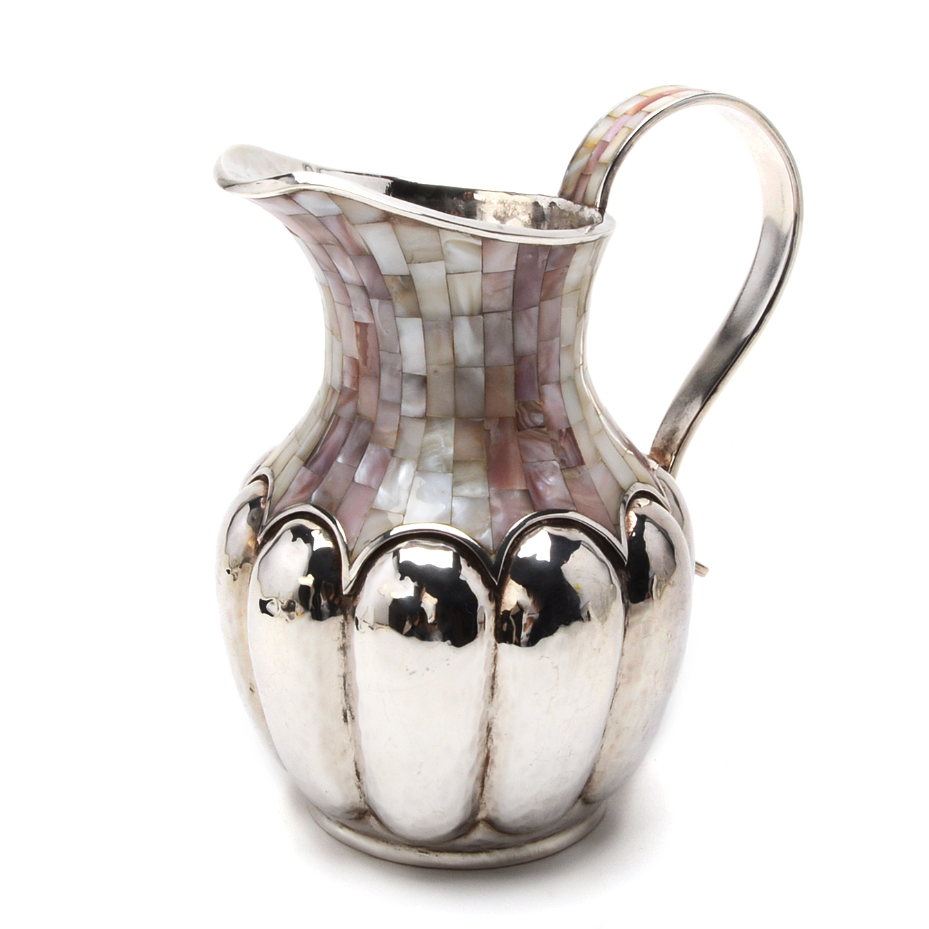 Vintage 1970's Los Castillo, Taxco Hand Wrought Silver Plate Pitcher with Inlay