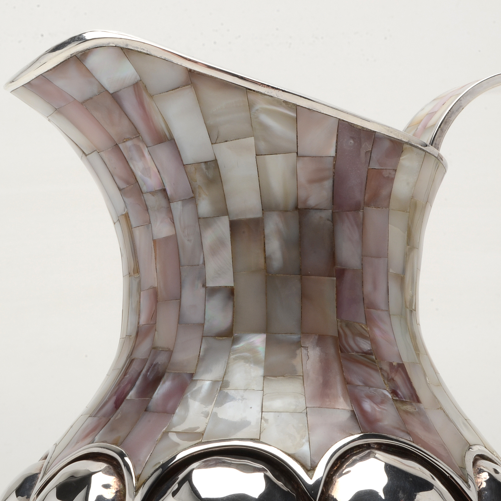 Vintage 1970's Los Castillo, Taxco Hand Wrought Silver Plate Pitcher with Inlay