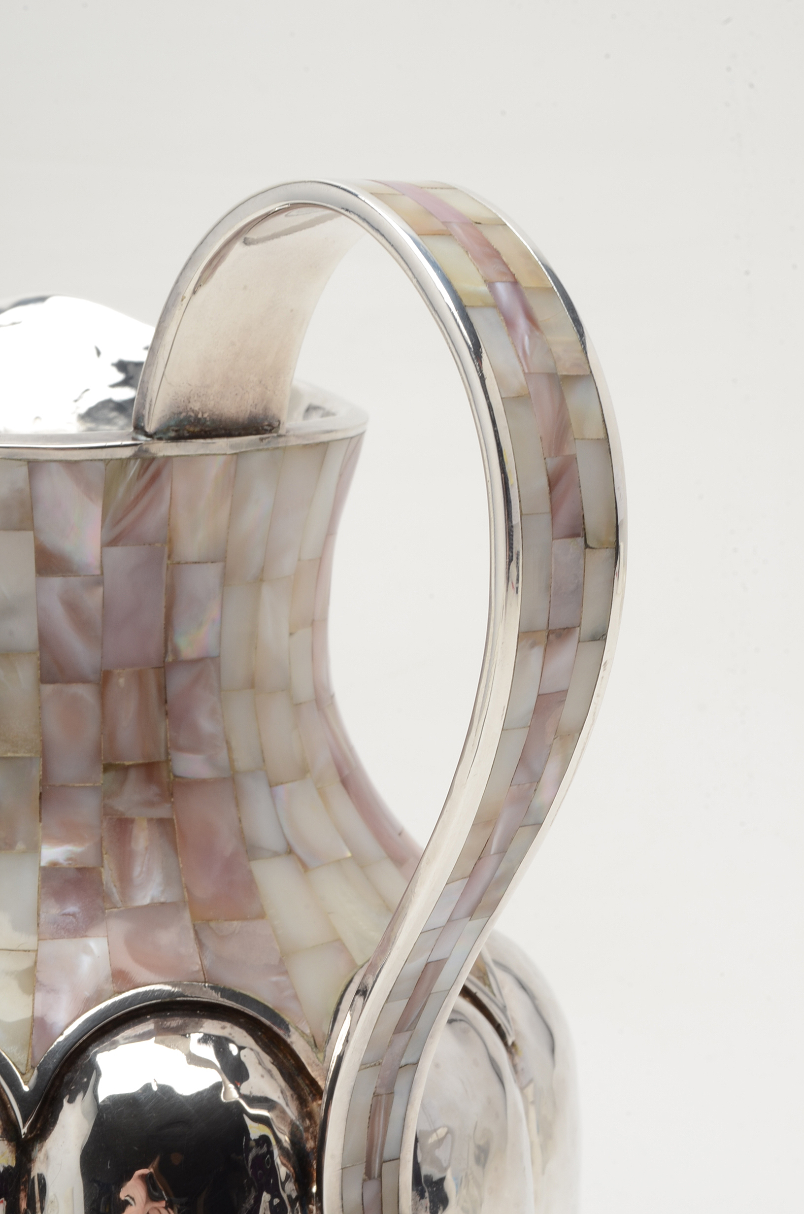 Vintage 1970's Los Castillo, Taxco Hand Wrought Silver Plate Pitcher with Inlay