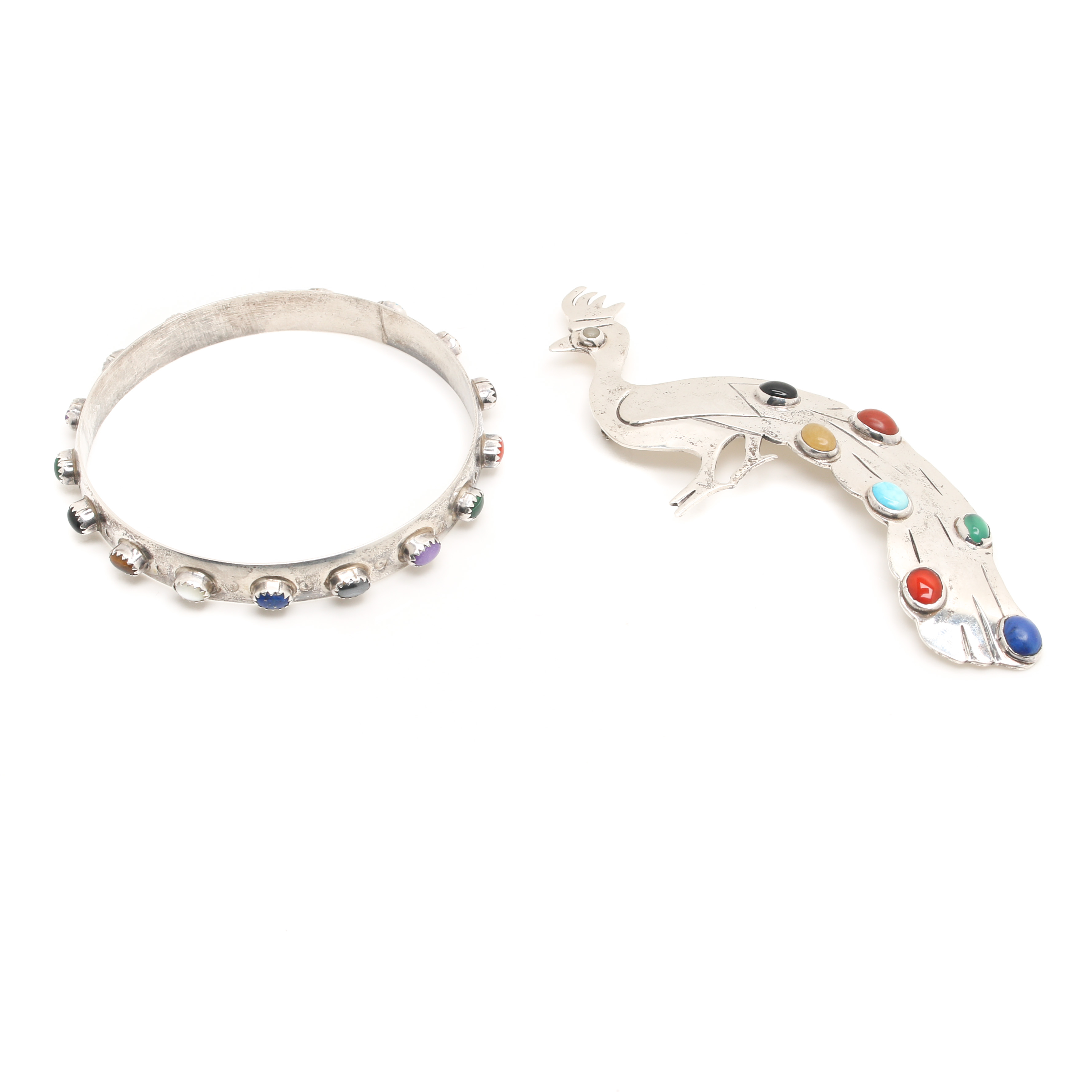 Sterling Silver Bangle Bracelet and Mexican Peacock Brooch Including Turquoise