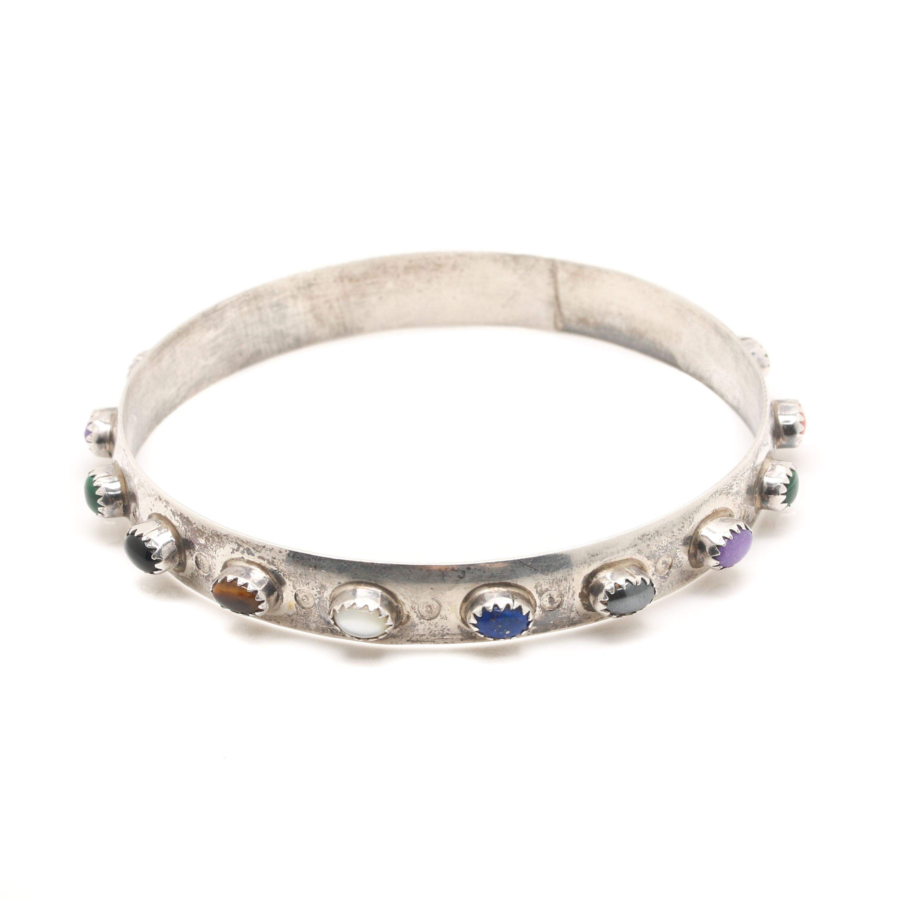 Sterling Silver Bangle Bracelet and Mexican Peacock Brooch Including Turquoise