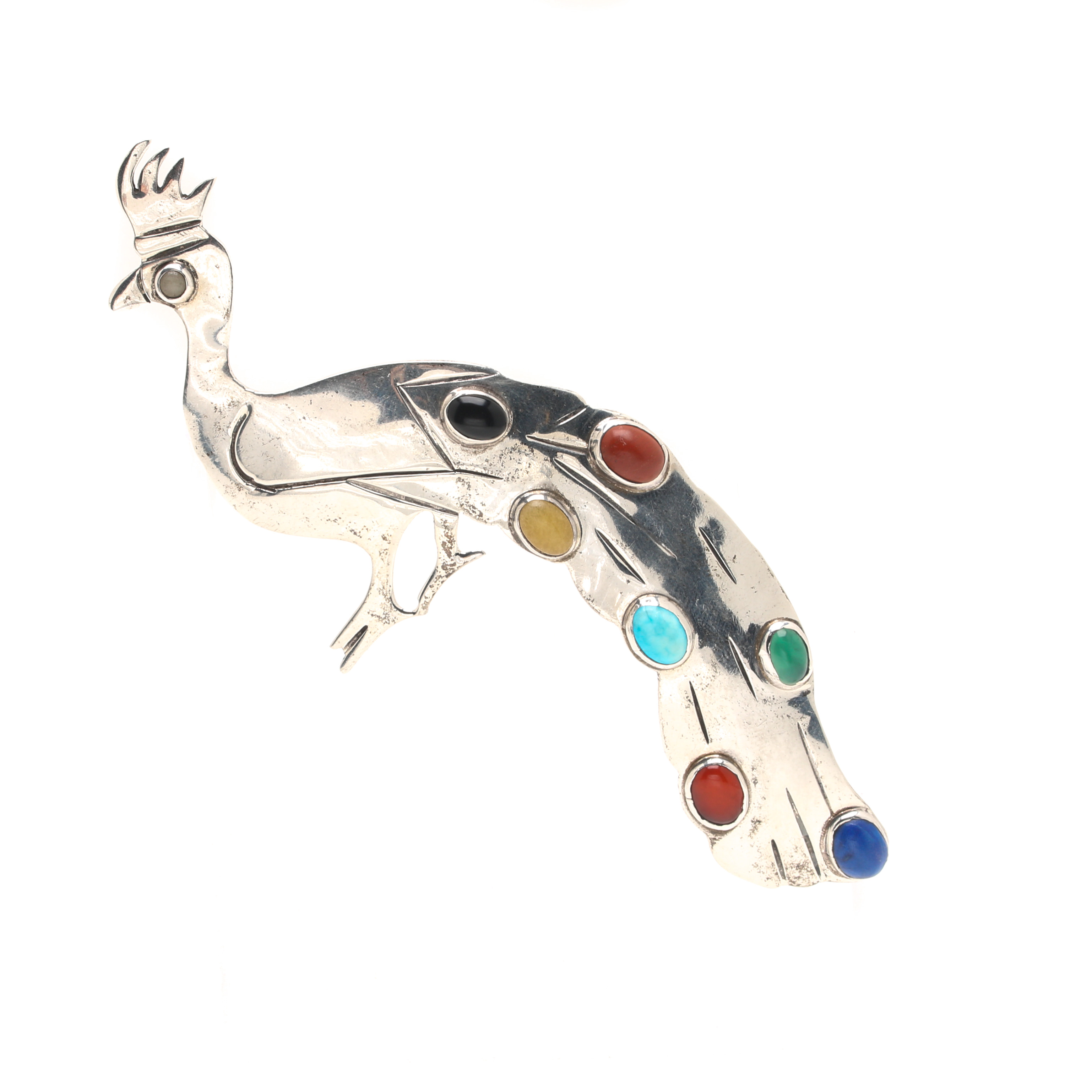 Sterling Silver Bangle Bracelet and Mexican Peacock Brooch Including Turquoise