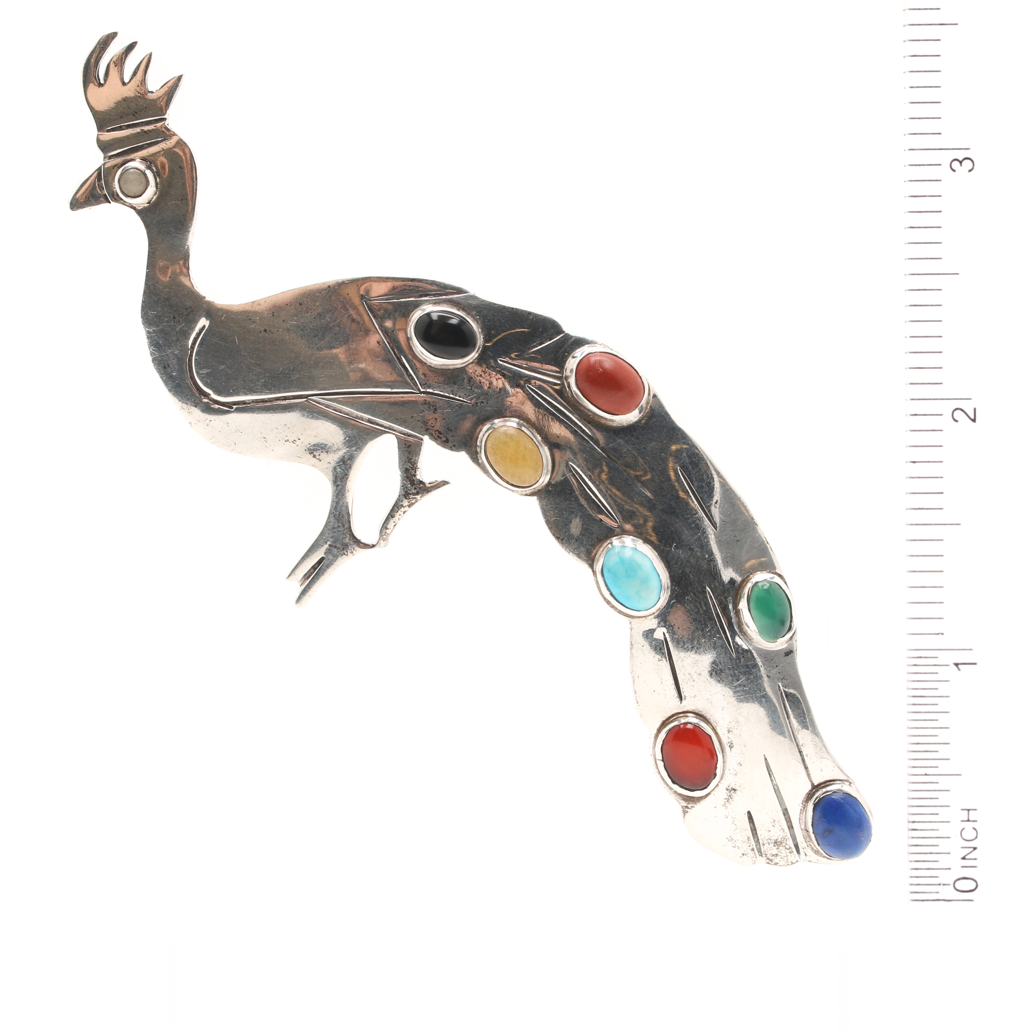 Sterling Silver Bangle Bracelet and Mexican Peacock Brooch Including Turquoise