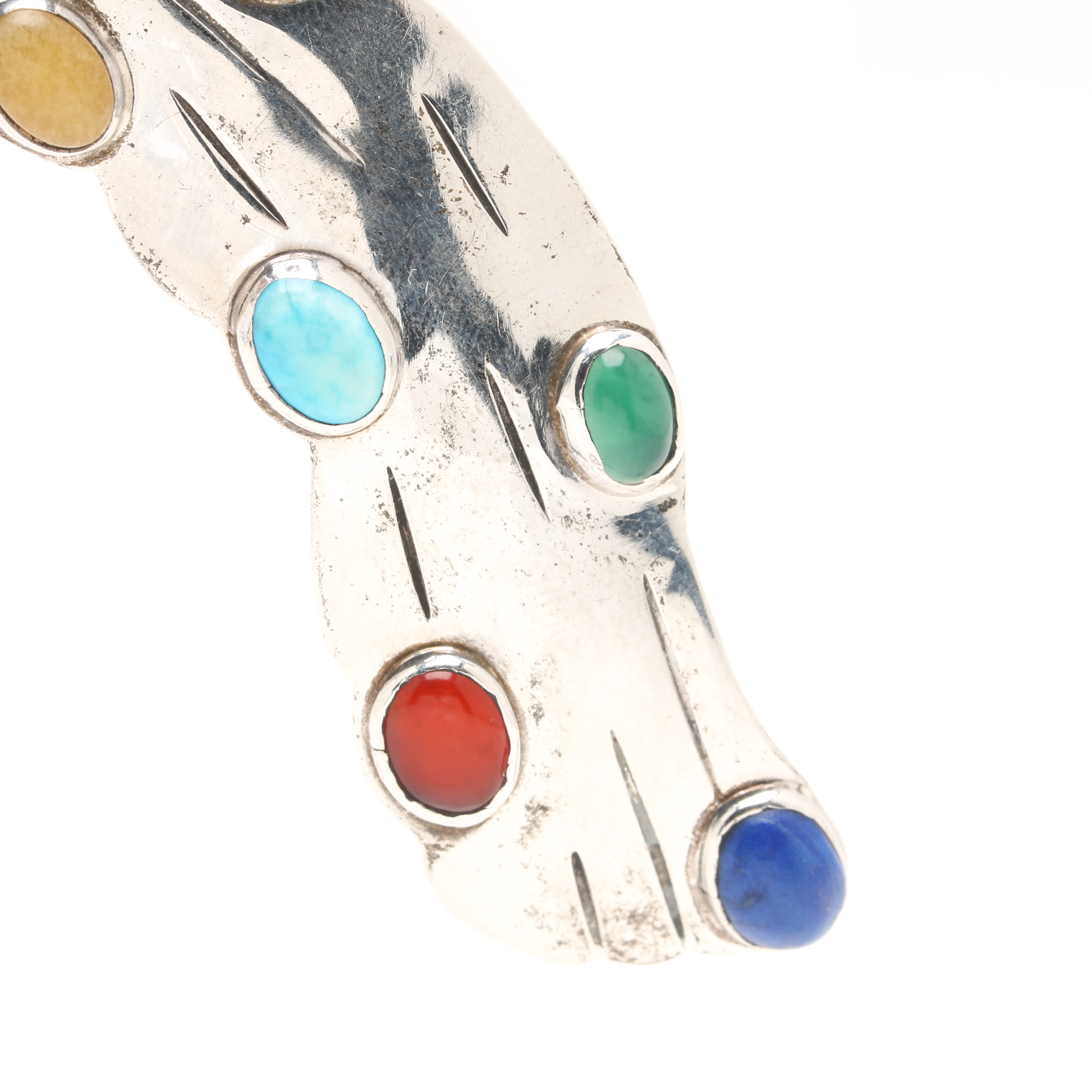 Sterling Silver Bangle Bracelet and Mexican Peacock Brooch Including Turquoise