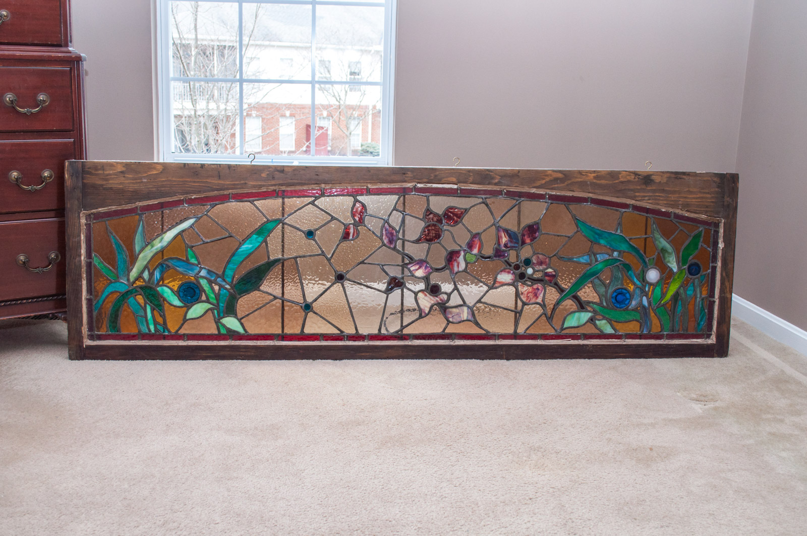 Substantial Antique Leaded Stained Glass Transom Window