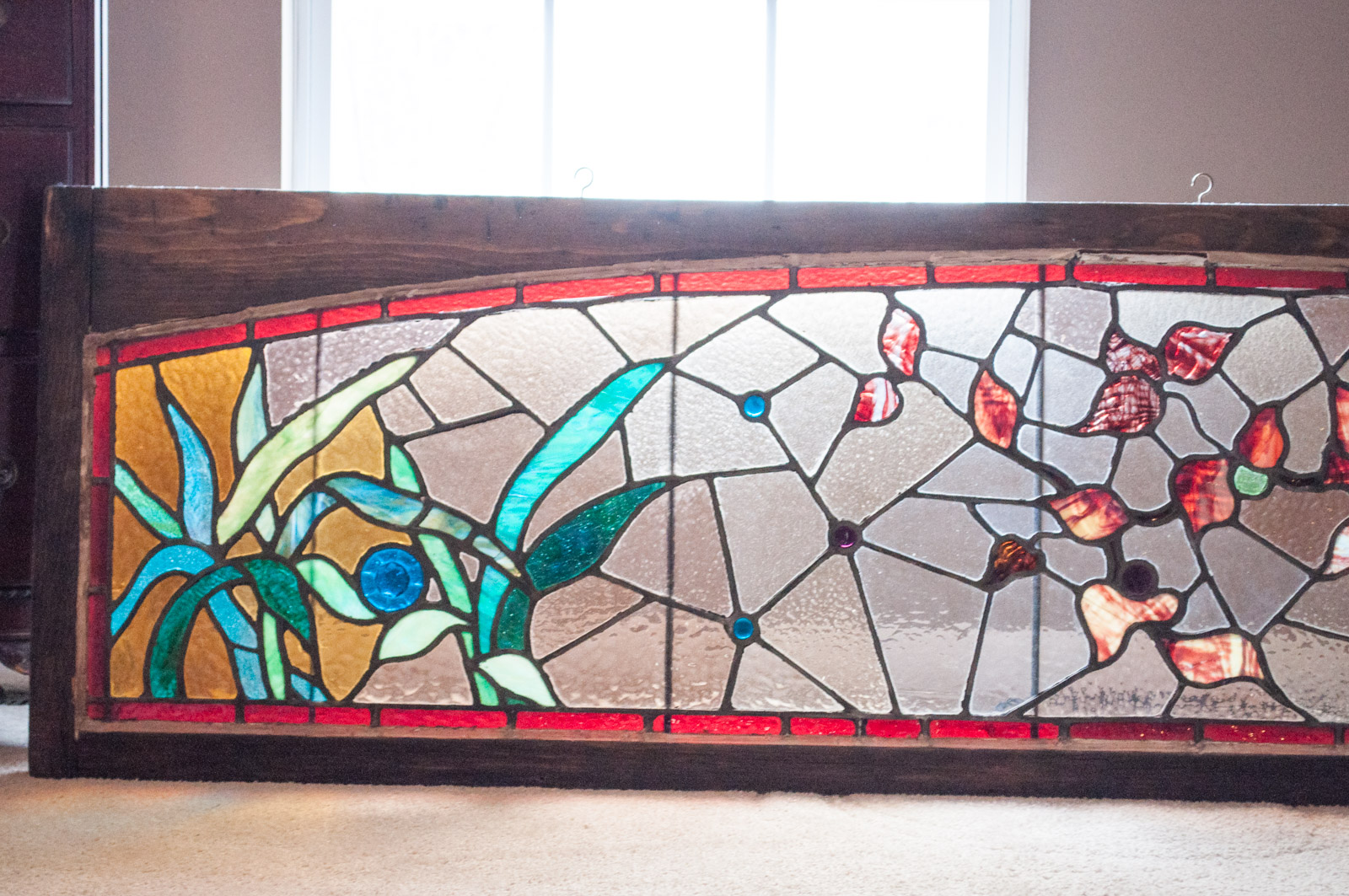 Substantial Antique Leaded Stained Glass Transom Window