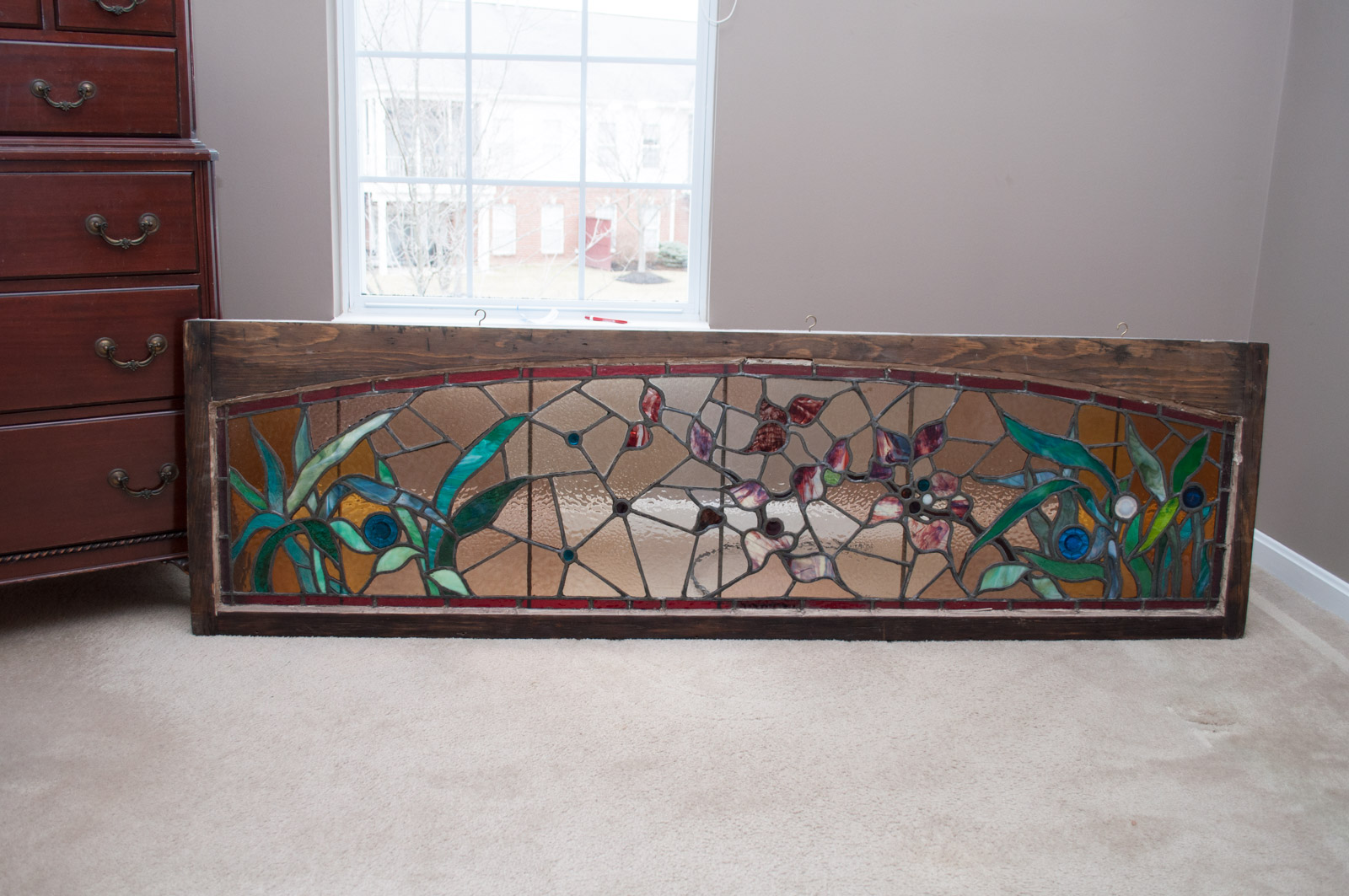 Substantial Antique Leaded Stained Glass Transom Window