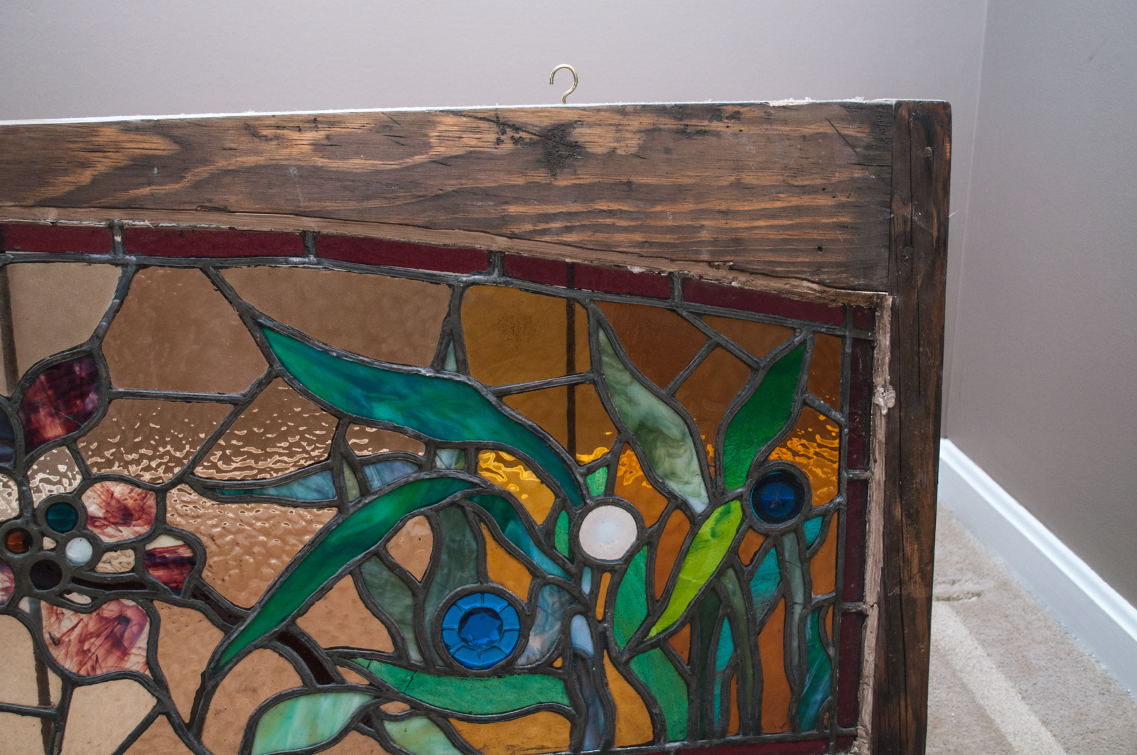 Substantial Antique Leaded Stained Glass Transom Window
