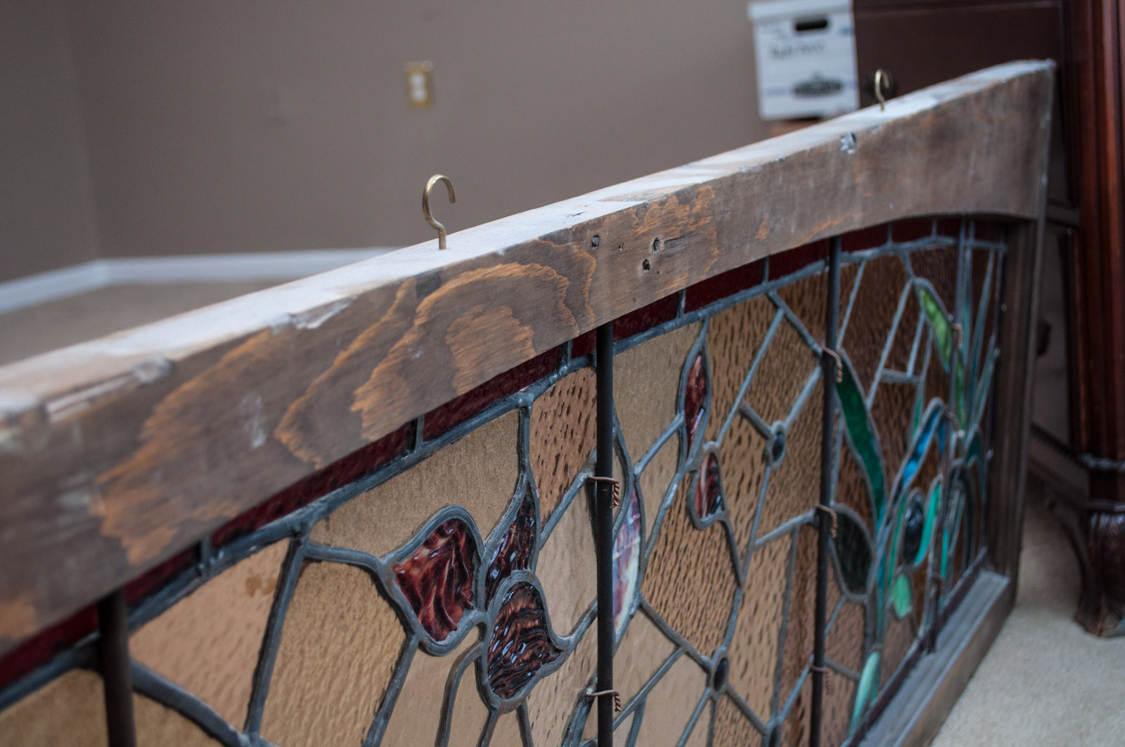 Substantial Antique Leaded Stained Glass Transom Window