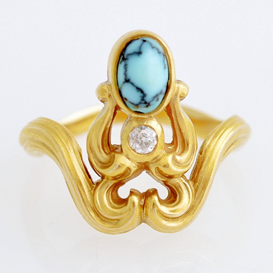 14K Yellow Gold, Diamond and Turquoise Ring