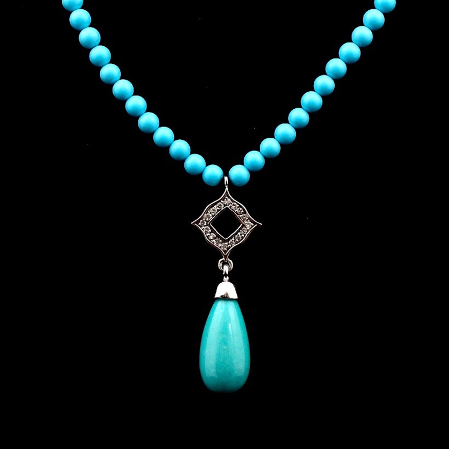 14K White Gold Dyed Turquoise and Diamond Necklace