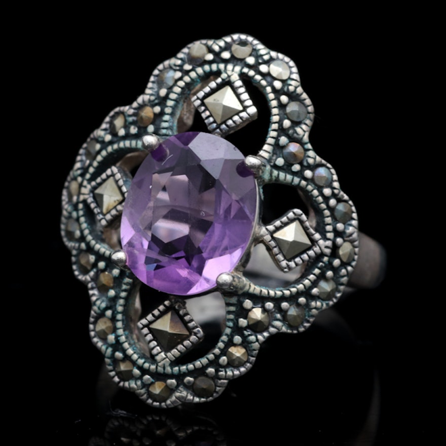 Sterling Silver, Amethyst and Marcasite Ring
