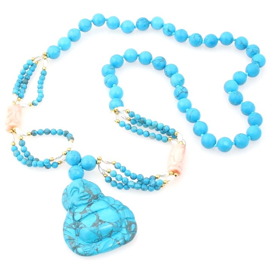 Dyed Turquoise and Cultured Pearl Buddha Necklace