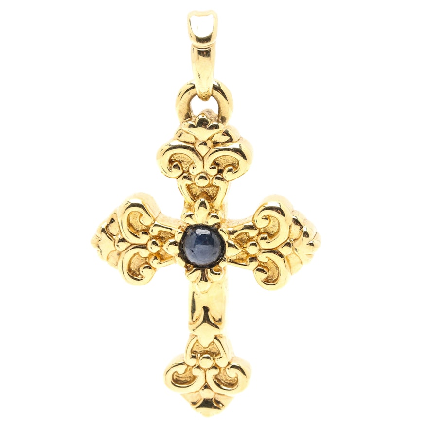 14K Yellow Gold Sapphire Scrolled Cross Pendant