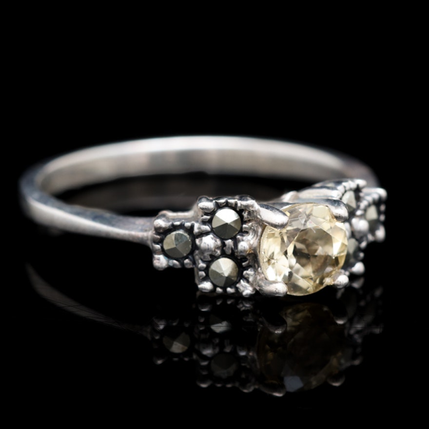 Sterling Silver, Citrine and Marcasite Ring