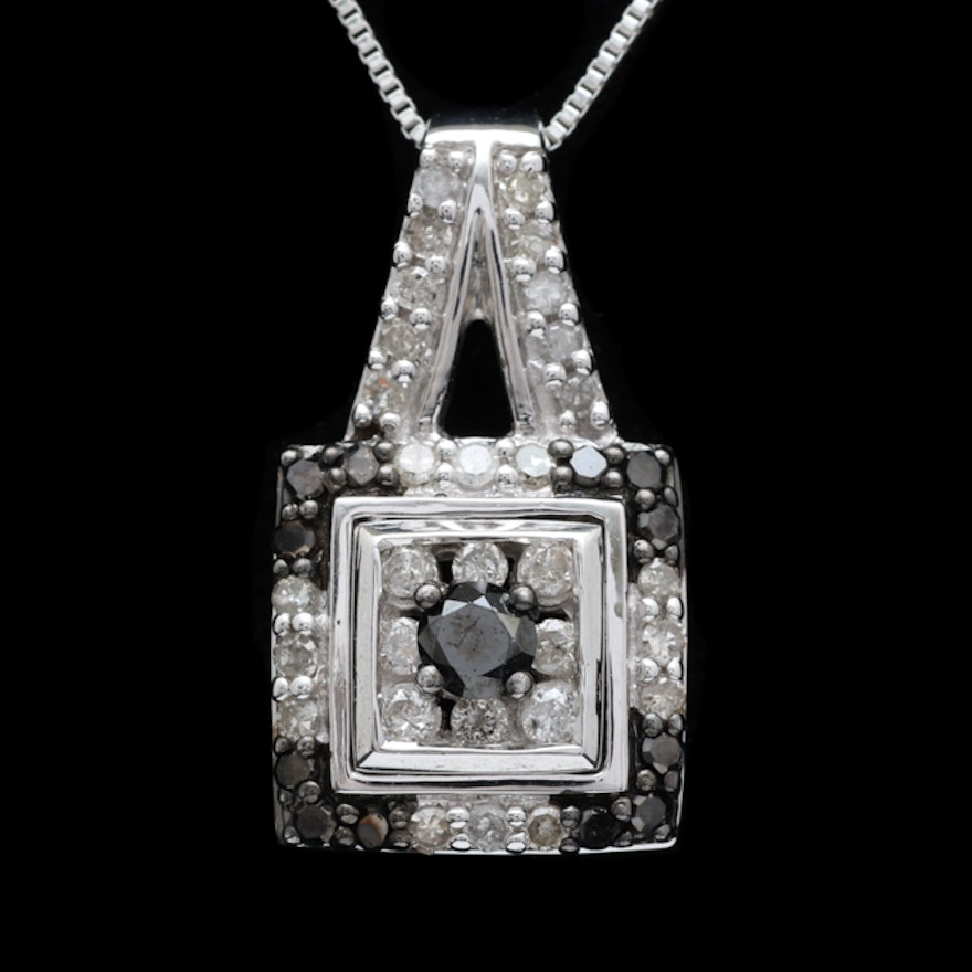 Sterling Silver, White and Black Diamond Pendant with Chain