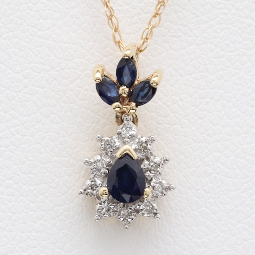 10K Two-Tone Gold , Blue Sapphire and Diamond Pendant with Chain