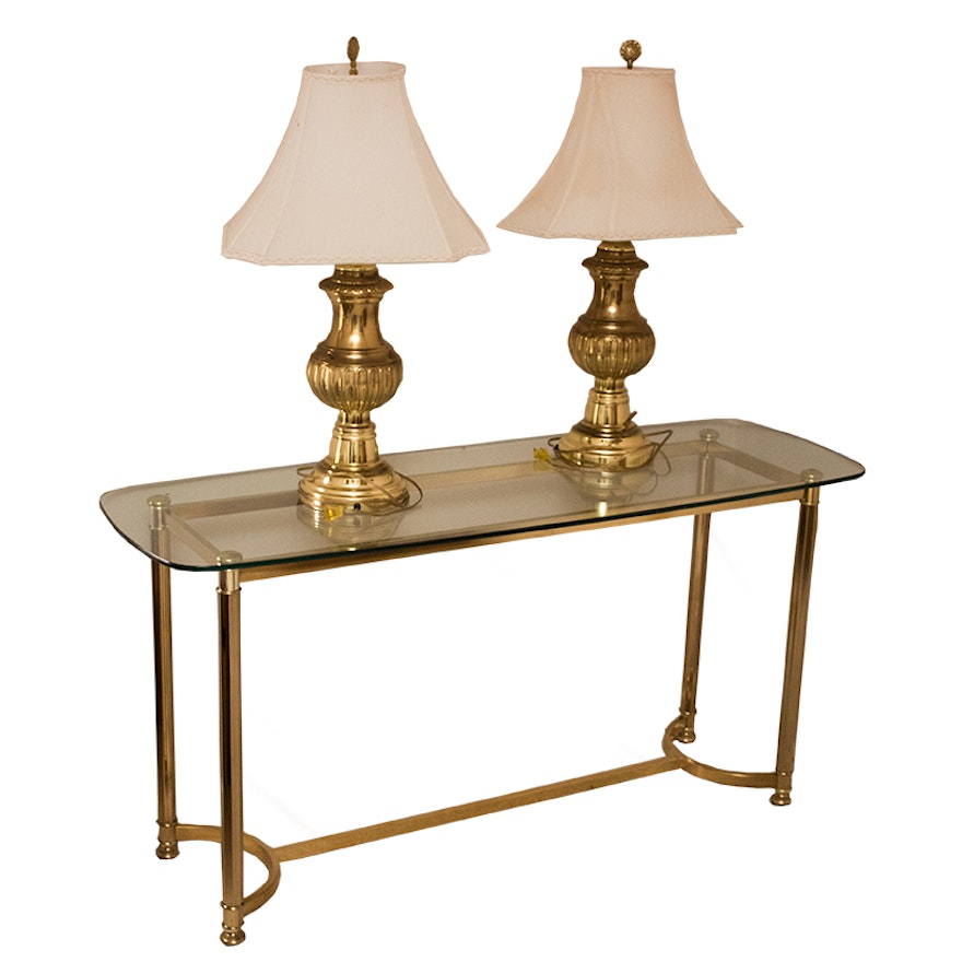 Brass and Glass Console and Brass Table Lamps