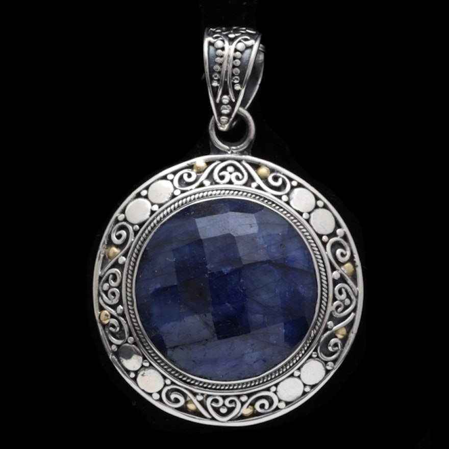 Sterling Silver, 18K Yellow Gold and Dyed Blue Corundum Pendant