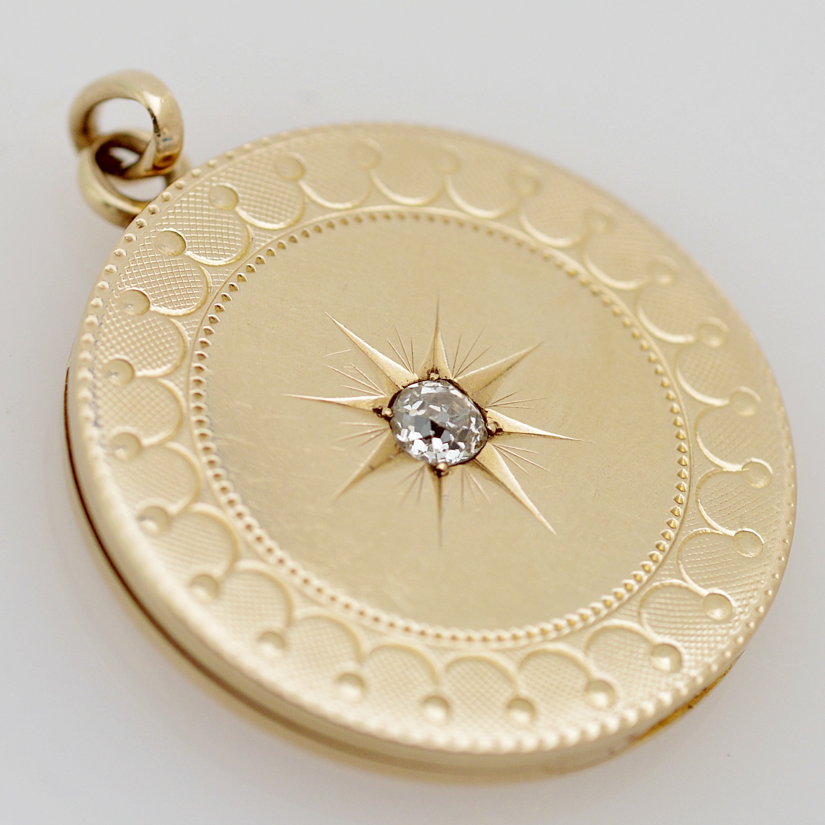Vintage Engraved 14K Yellow Gold Locket with Diamond