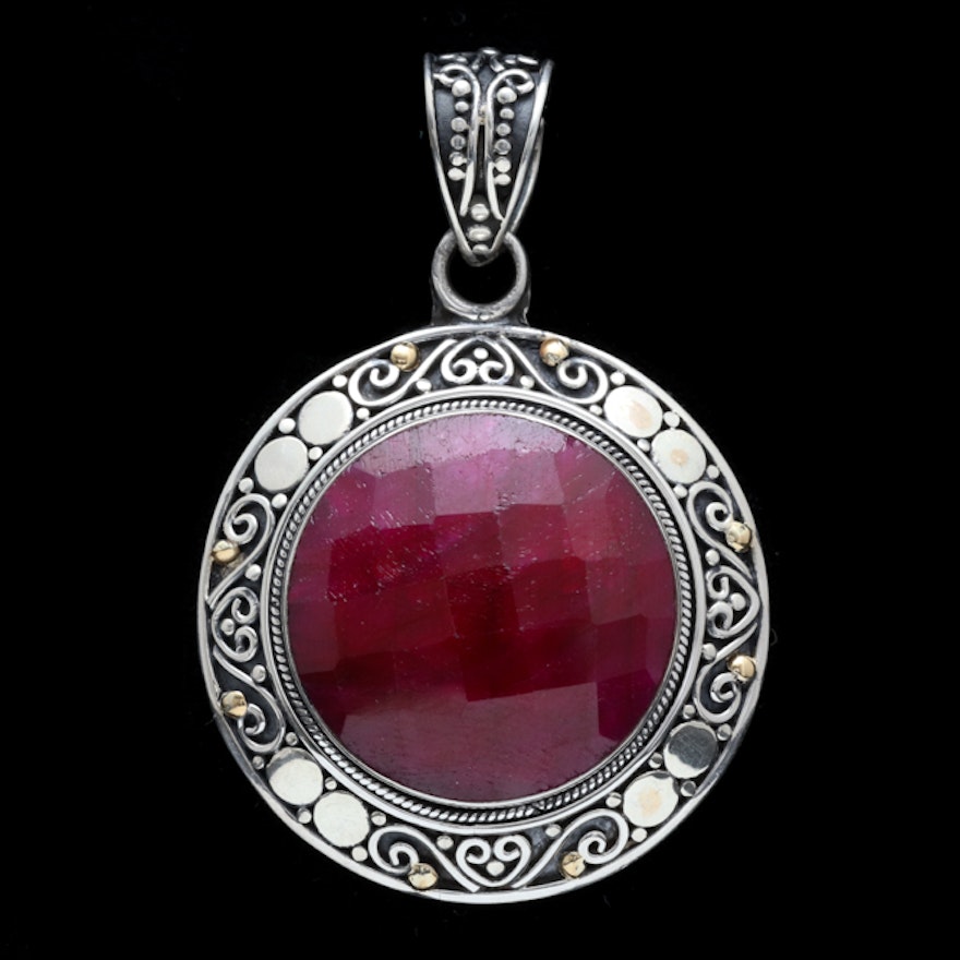 Sterling Silver, 18K Yellow Gold and Dyed Red Corundum Pednant