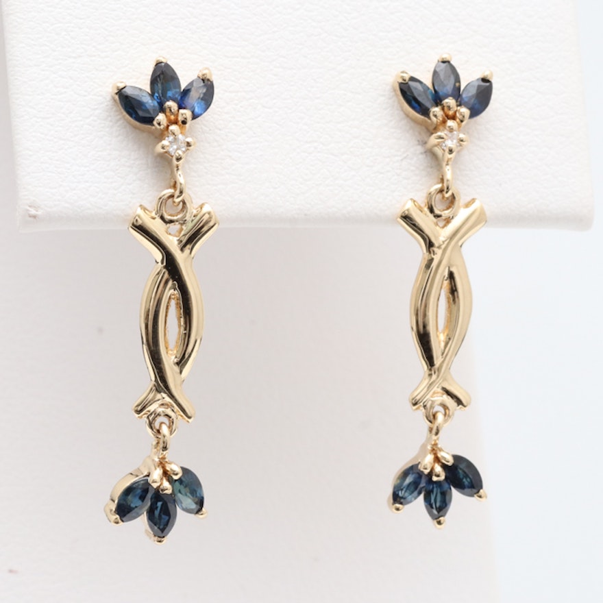 14K Yellow Gold, 1.10 CTW Blue Sapphire and Diamond Earrings