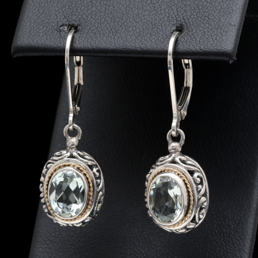 Sterling Silver, 18K Yellow Gold and Praseolite Earrings