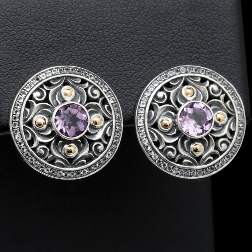 Sterling Silver, Amethyst and White Topaz Earrings