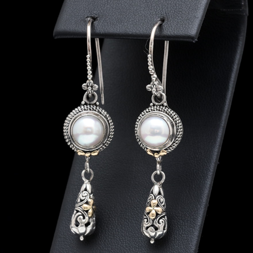 Sterling Silver, 18K Yellow Gold and Pearl Dangle Earrings