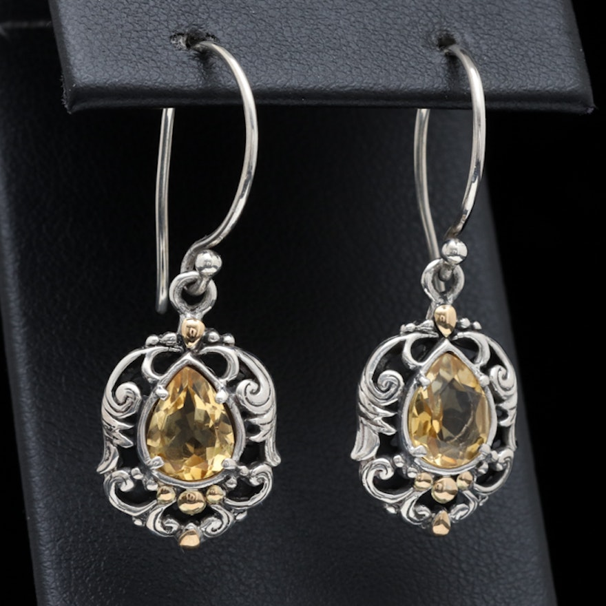 Robert Manse Sterling Silver, 18K Yellow Gold and Citrine Dangle Earrings