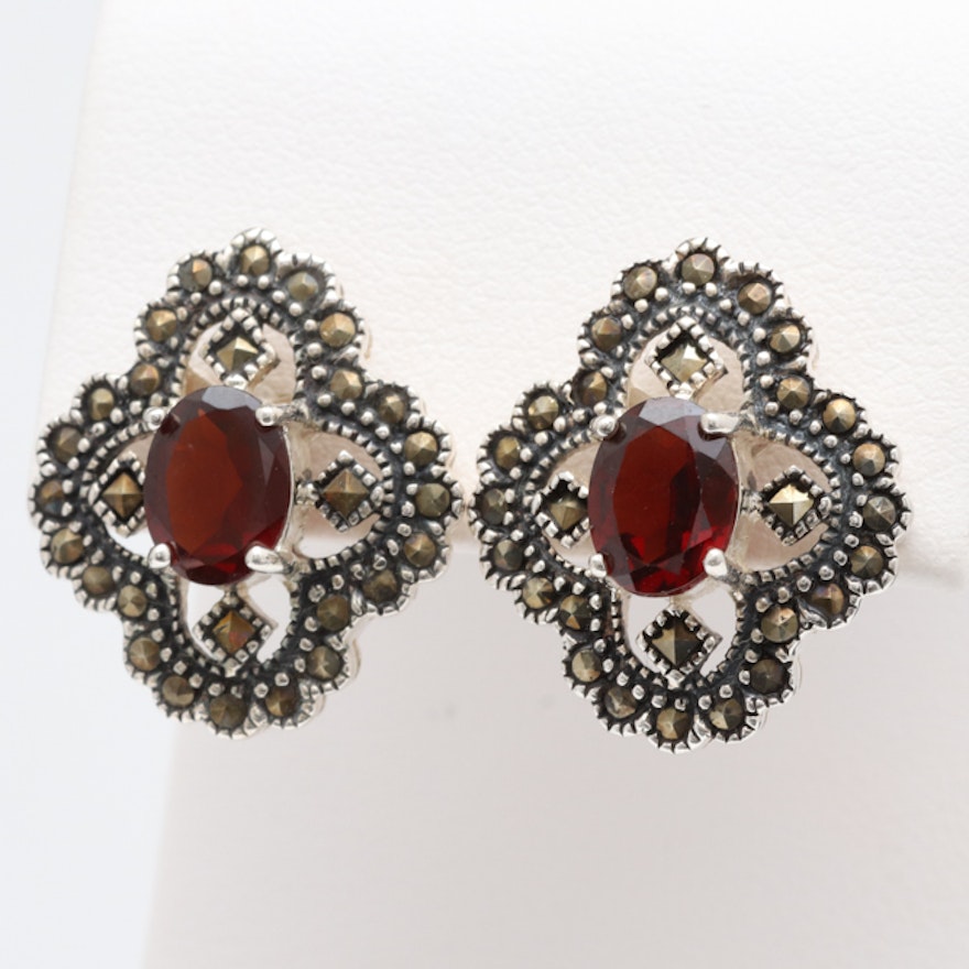 Sterling Silver, Garnet and Marcasite Earrings