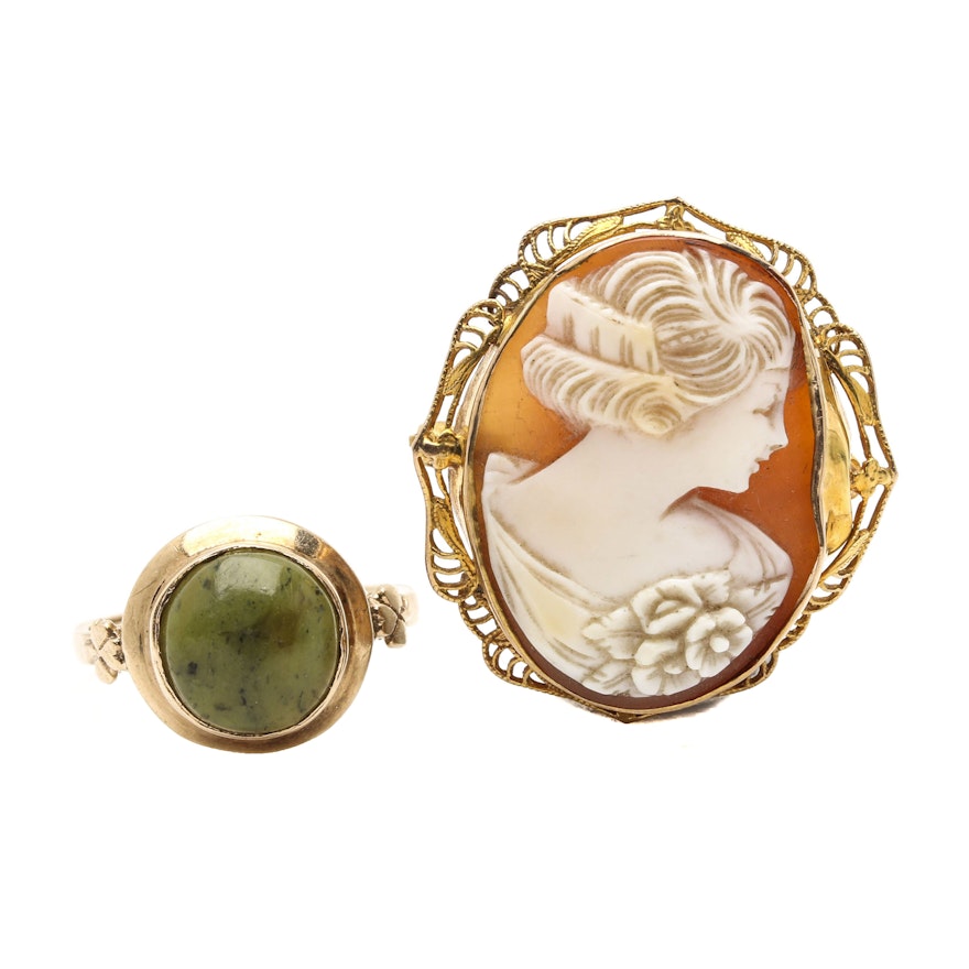 Selection of 9K and 10K Yellow Gold Serpentine Ring and Cameo Brooch