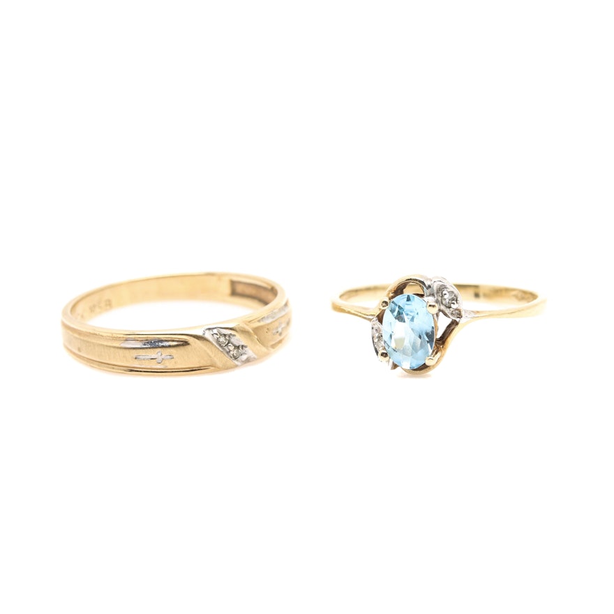 10K Yellow Gold Diamond and Blue Topaz Rings