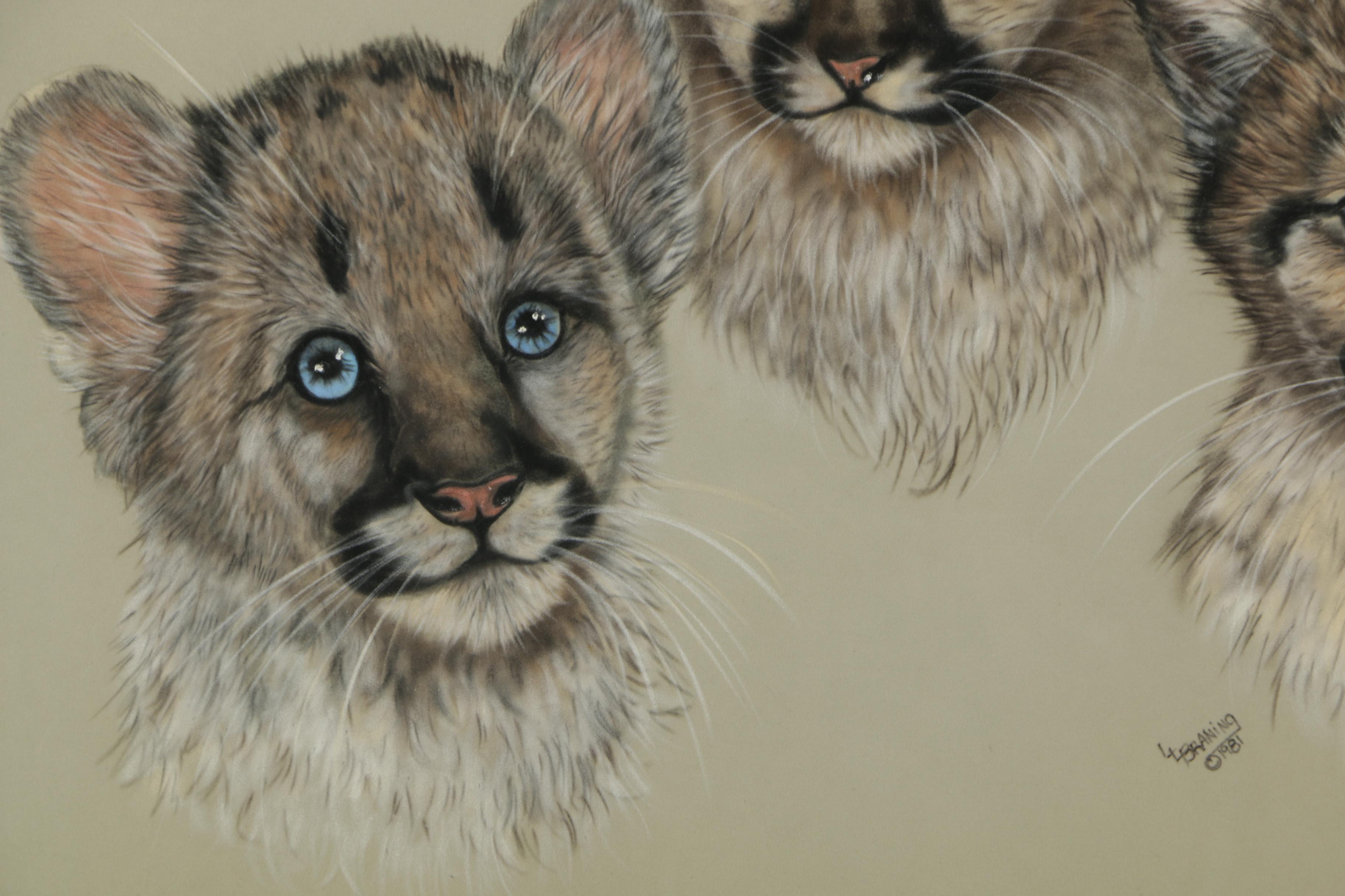 L.L. Braning Pastel Drawing "Cougar Cubs"