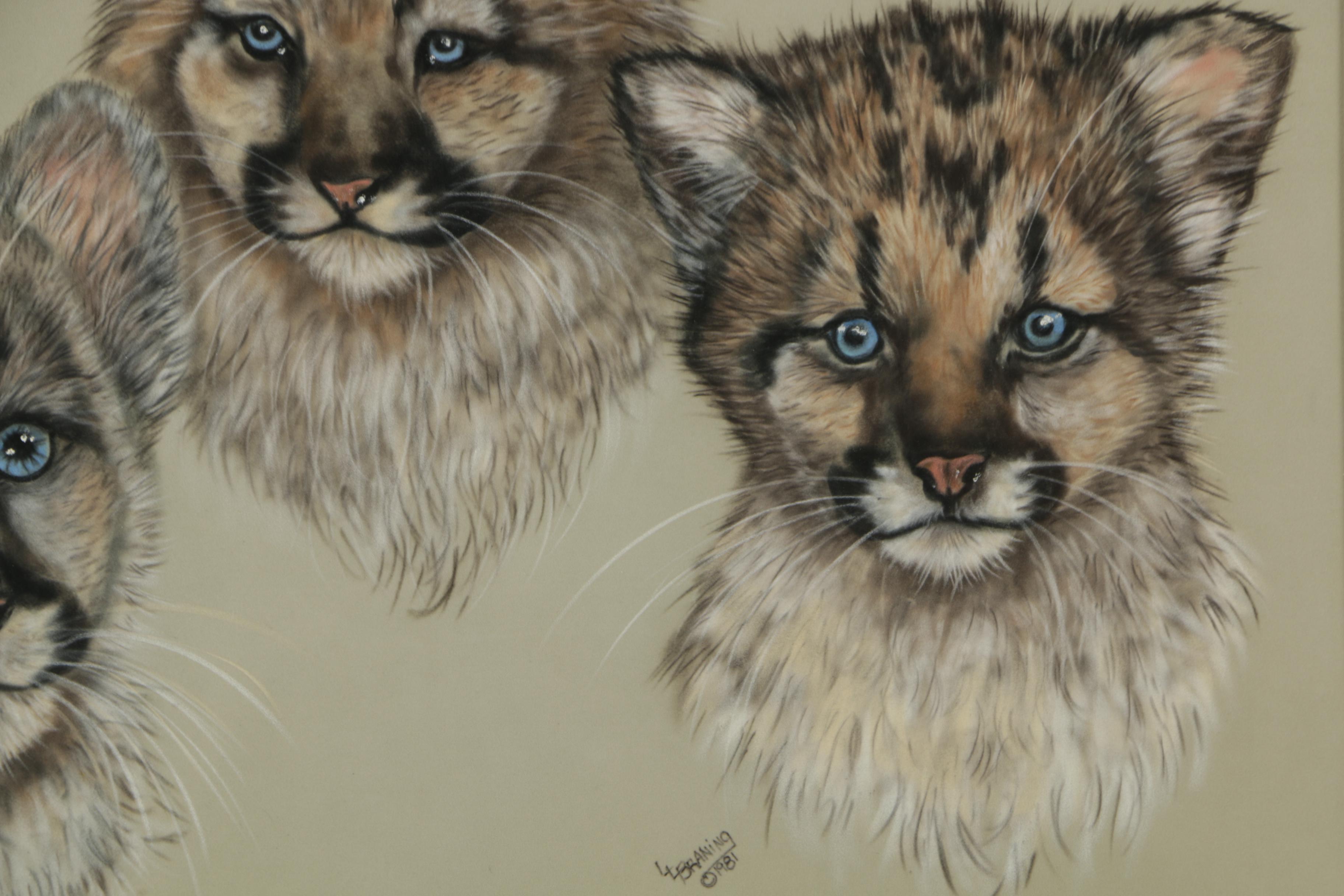 L.L. Braning Pastel Drawing "Cougar Cubs"