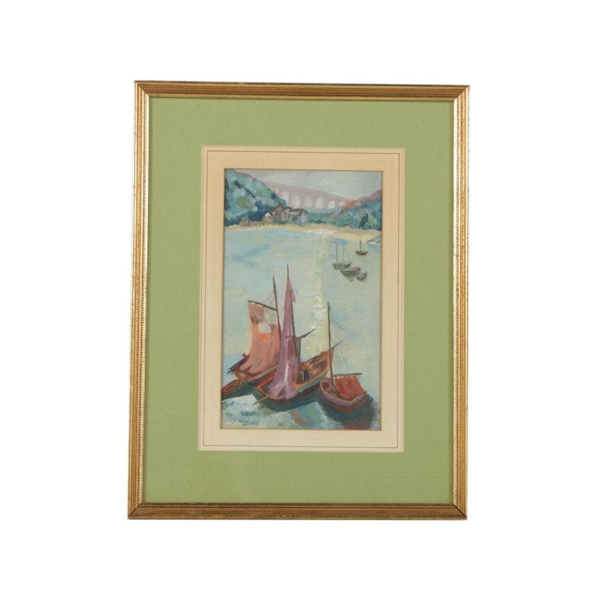 Wishropp Oil Painting of Boats Near an Aqueduct