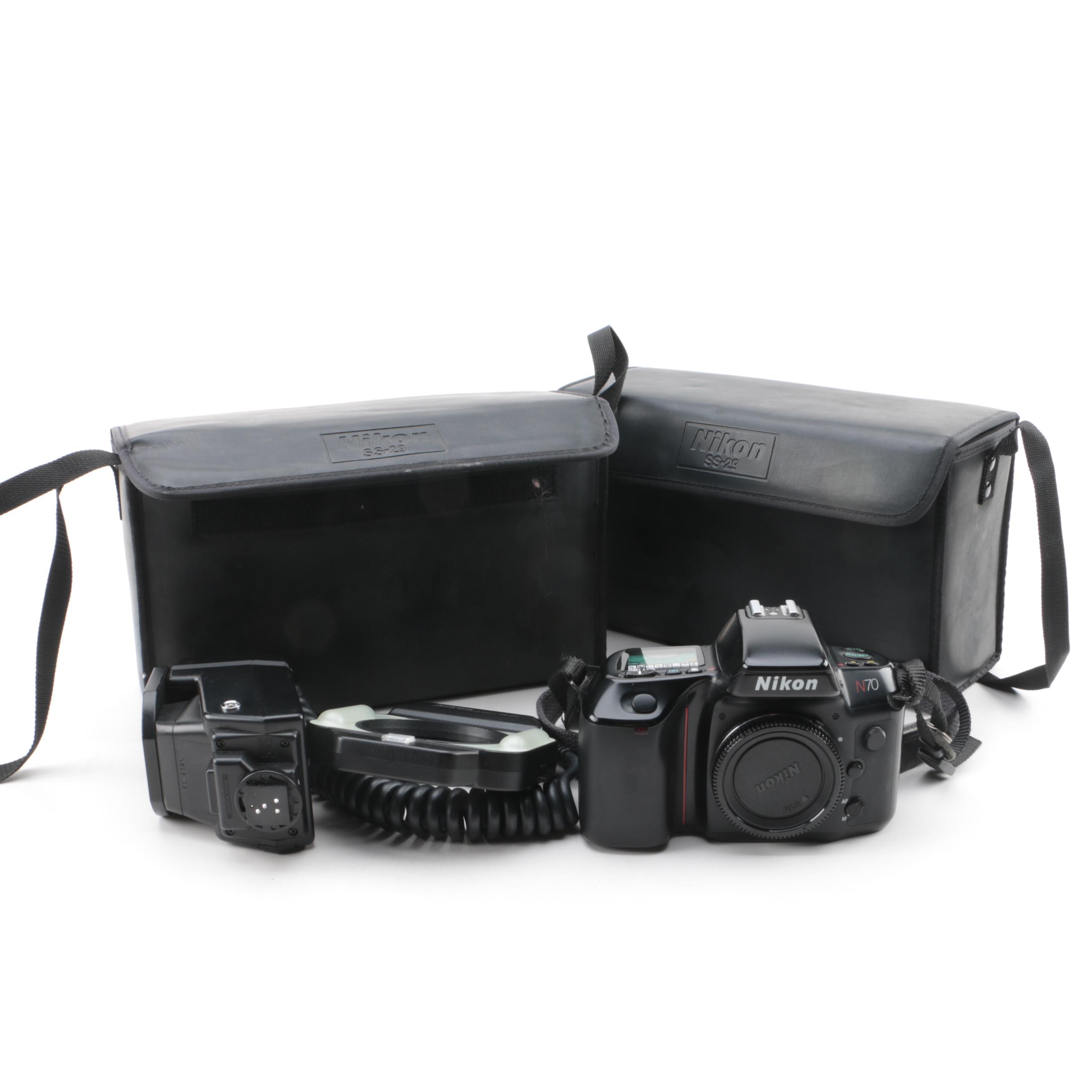 Nikon N70 Still Camera with Macro Speed Light and Cases