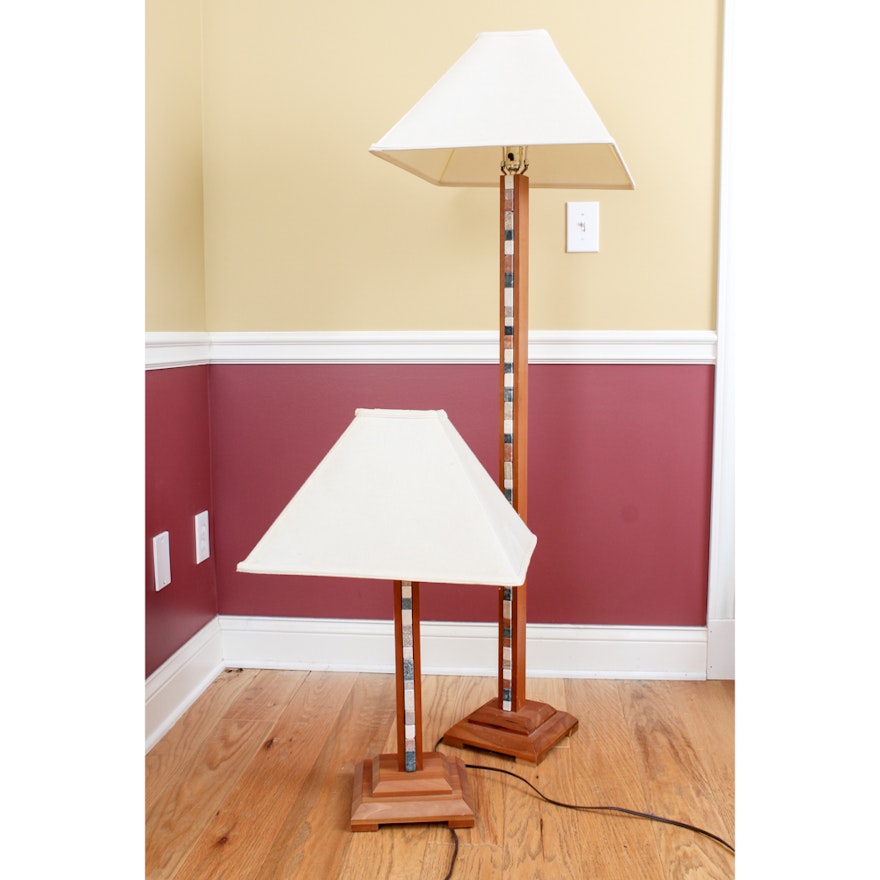 Wood and Tile Floor Lamp and Matching Table Lamp