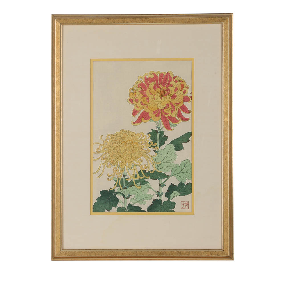Kawarazaki Shodo Woodblock "Chrysanthemums"