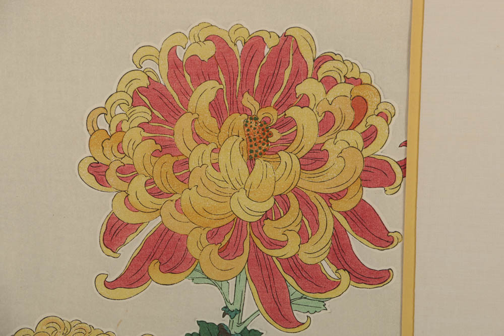 Kawarazaki Shodo Woodblock "Chrysanthemums"