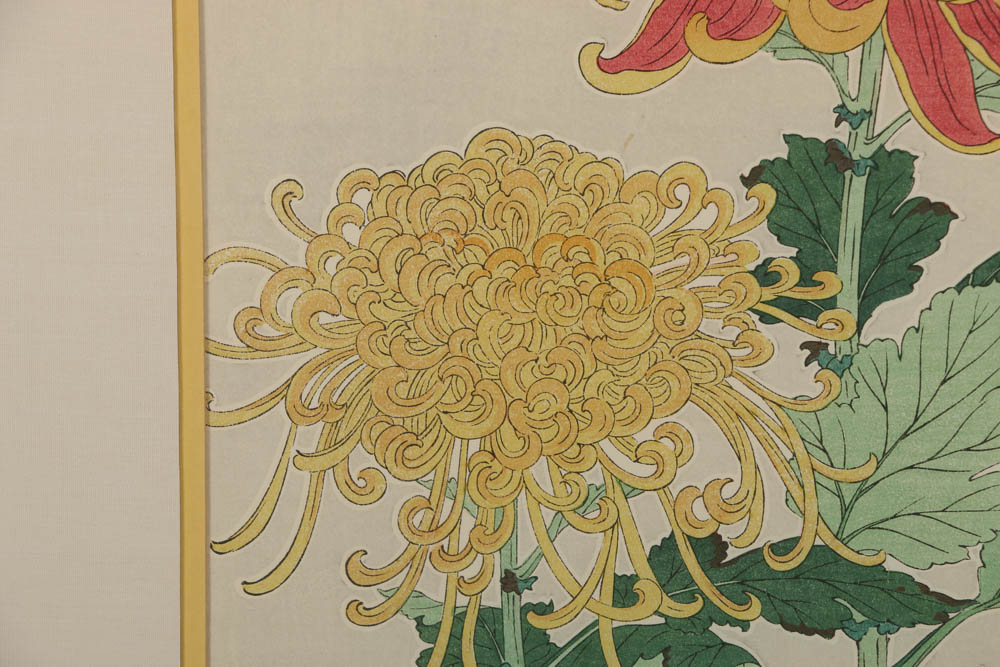 Kawarazaki Shodo Woodblock "Chrysanthemums"