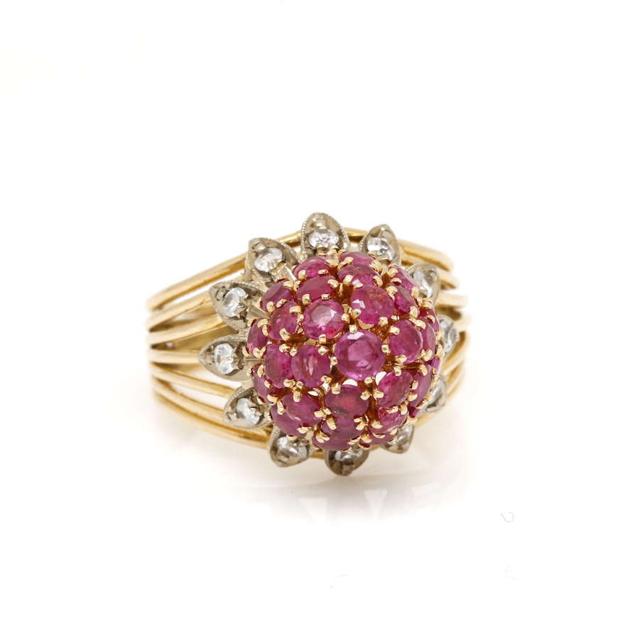 18K Yellow Gold White Topaz and Ruby Ring