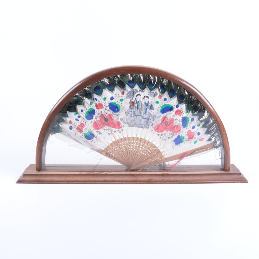 PRIORITY-Chinese Folding Hand Fan with Peacock Feathers in Case